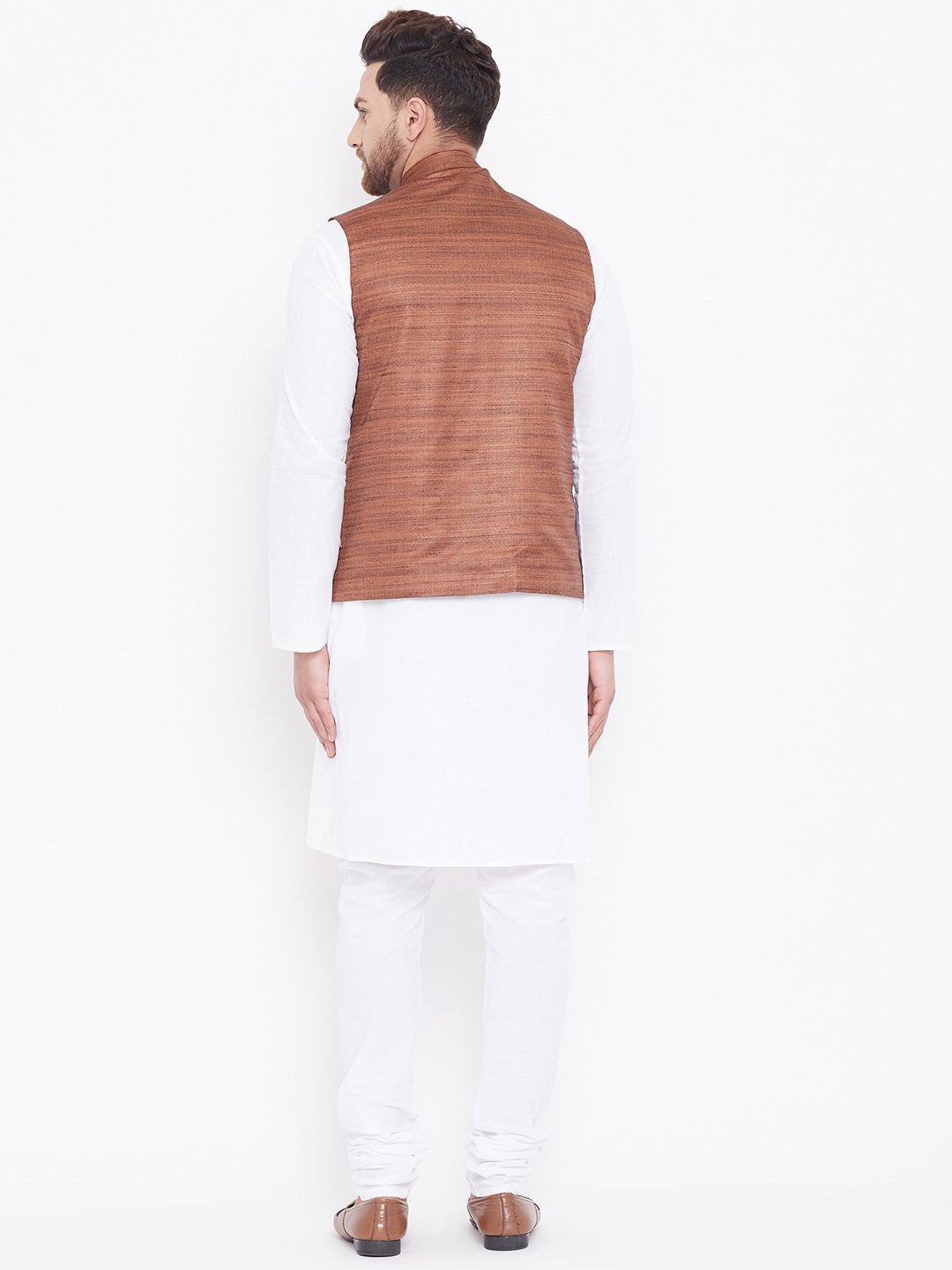 Men's Coffee Brown And White Cotton Blend Jacket, Kurta and Pyjama Set