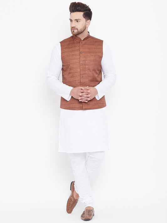 Men's Coffee Brown And White Cotton Blend Jacket, Kurta and Pyjama Set