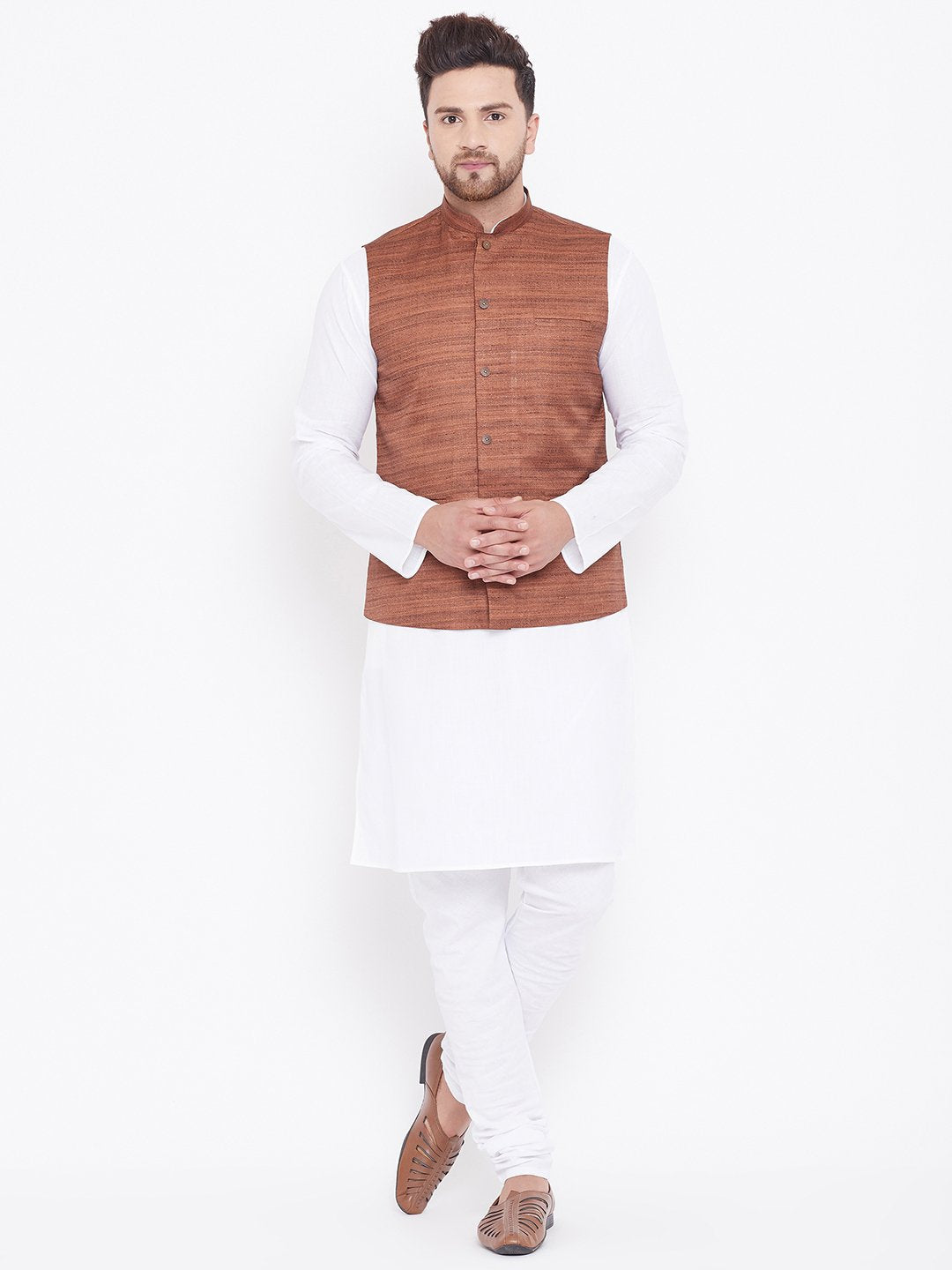 Men's Coffee Brown And White Cotton Blend Jacket, Kurta and Pyjama Set