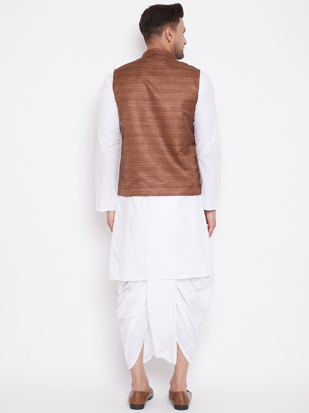 Men's Coffee Brown And White Cotton Blend Jacket, Kurta and Dhoti Set