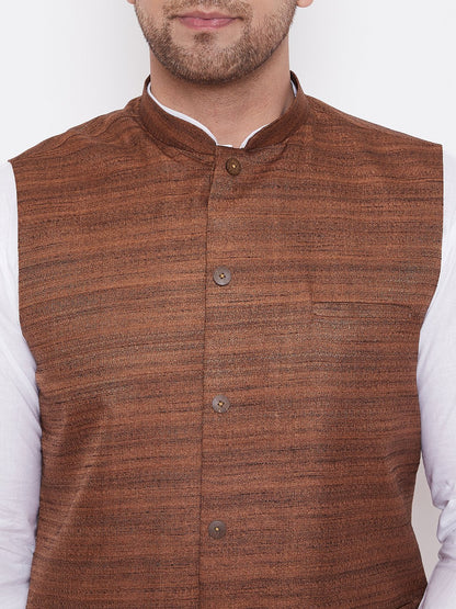 Men's Coffee Brown And White Cotton Blend Jacket, Kurta and Dhoti Set