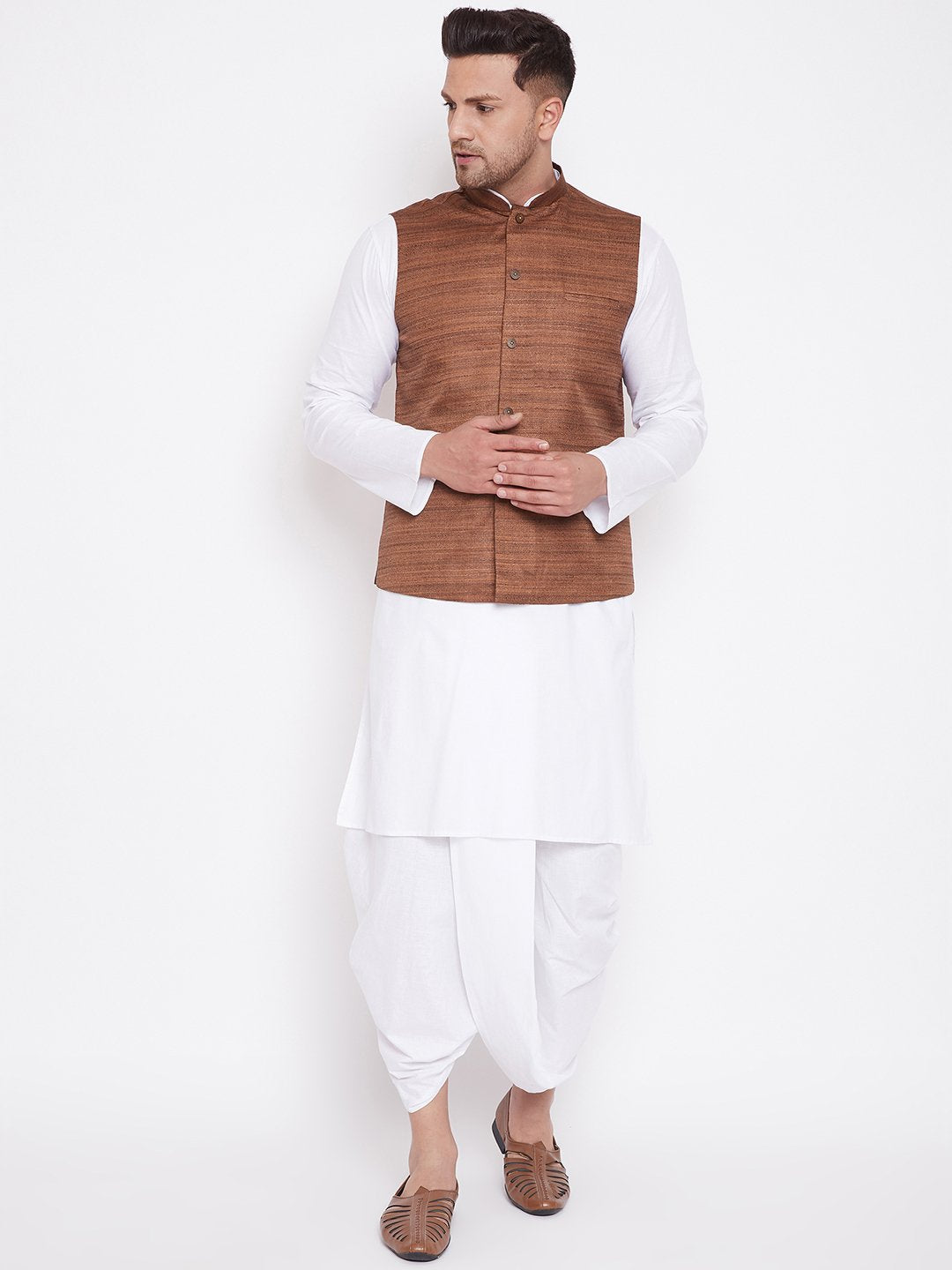 Men's Coffee Brown And White Cotton Blend Jacket, Kurta and Dhoti Set