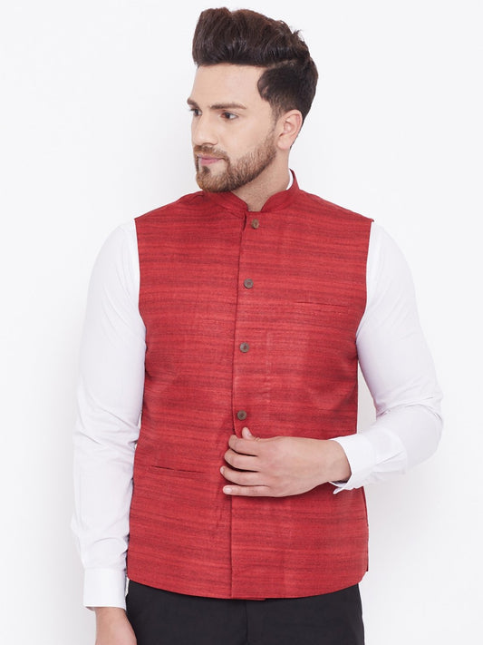 Men's Maroon Silk Blend Nehru Jacket