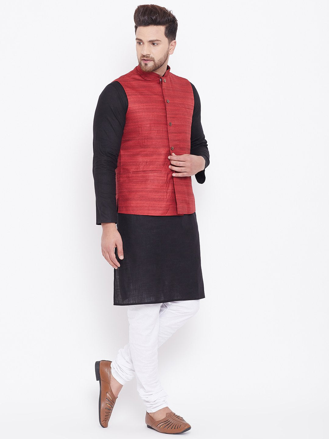 Men's Maroon, Black And White Cotton Blend Jacket, Kurta and Pyjama Set