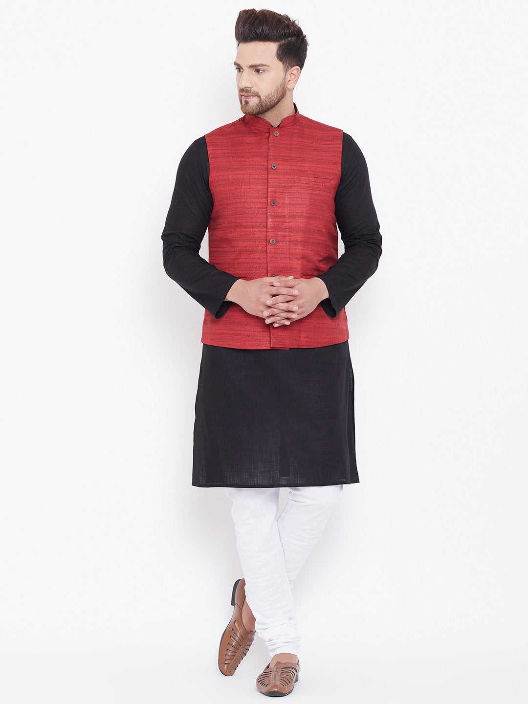 Men's Maroon, Black And White Cotton Blend Jacket, Kurta and Pyjama Set