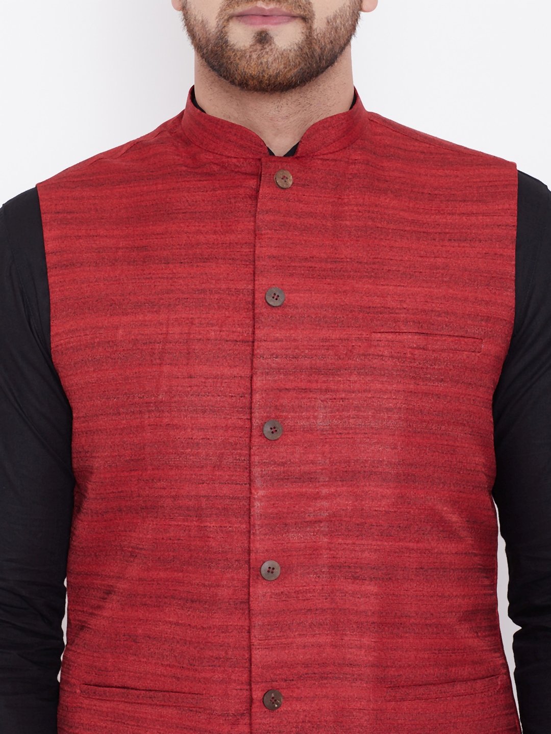 Men's Maroon, Black And White Cotton Blend Jacket, Kurta and Pyjama Set