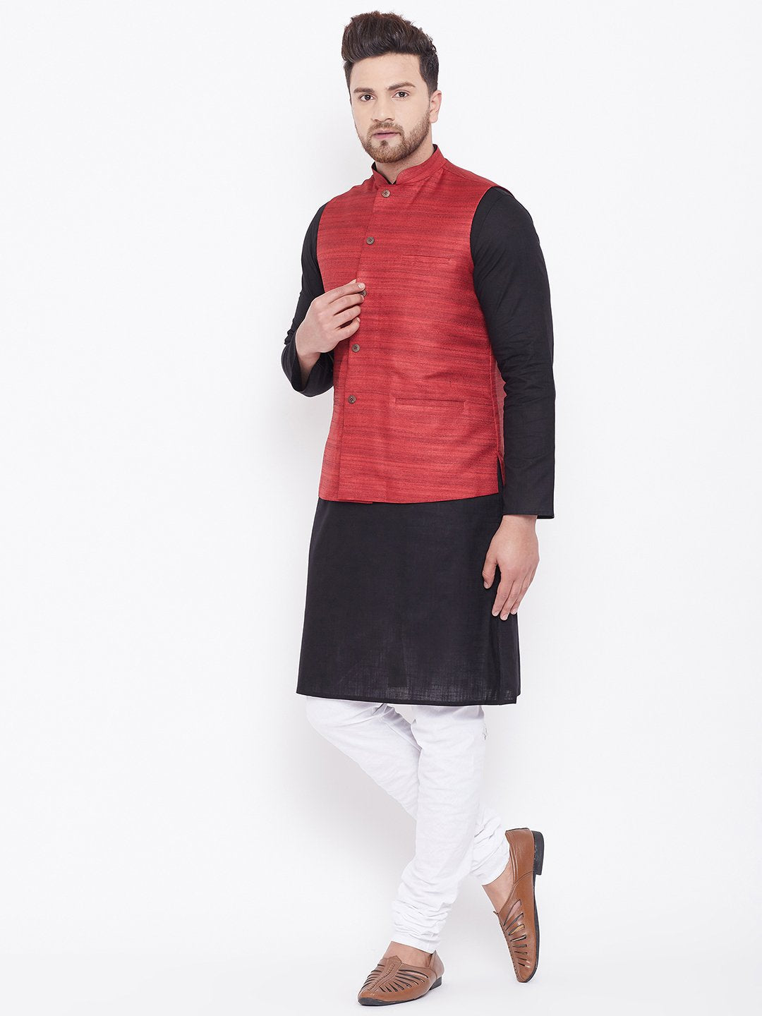 Men's Maroon, Black And White Cotton Blend Jacket, Kurta and Pyjama Set