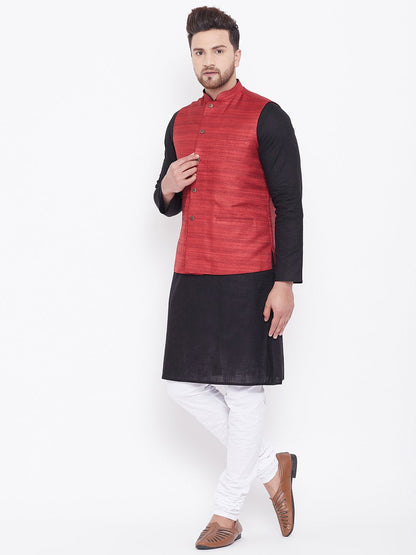 Men's Maroon, Black And White Cotton Blend Jacket, Kurta and Pyjama Set