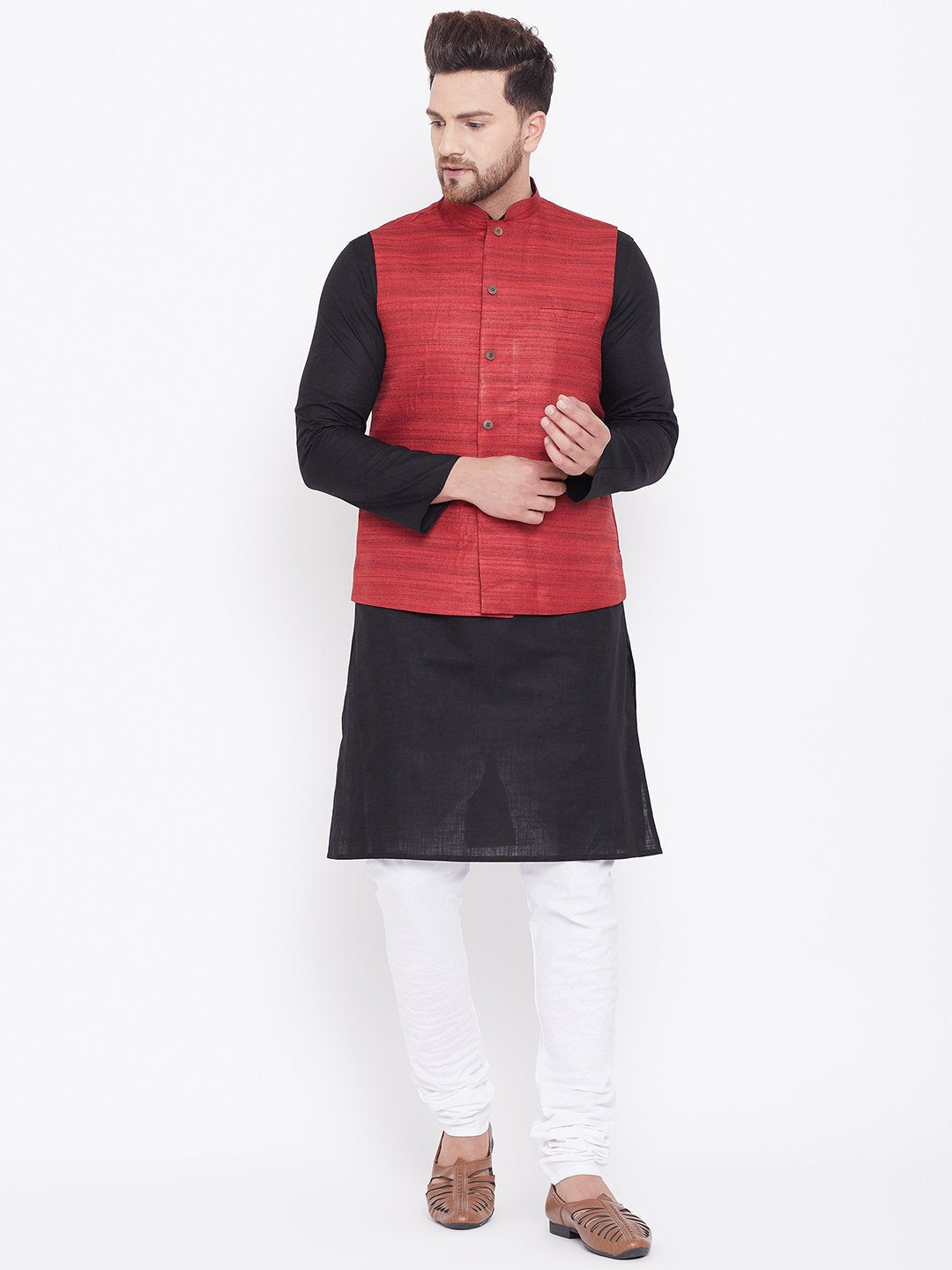 Men's Maroon, Black And White Cotton Blend Jacket, Kurta and Pyjama Set