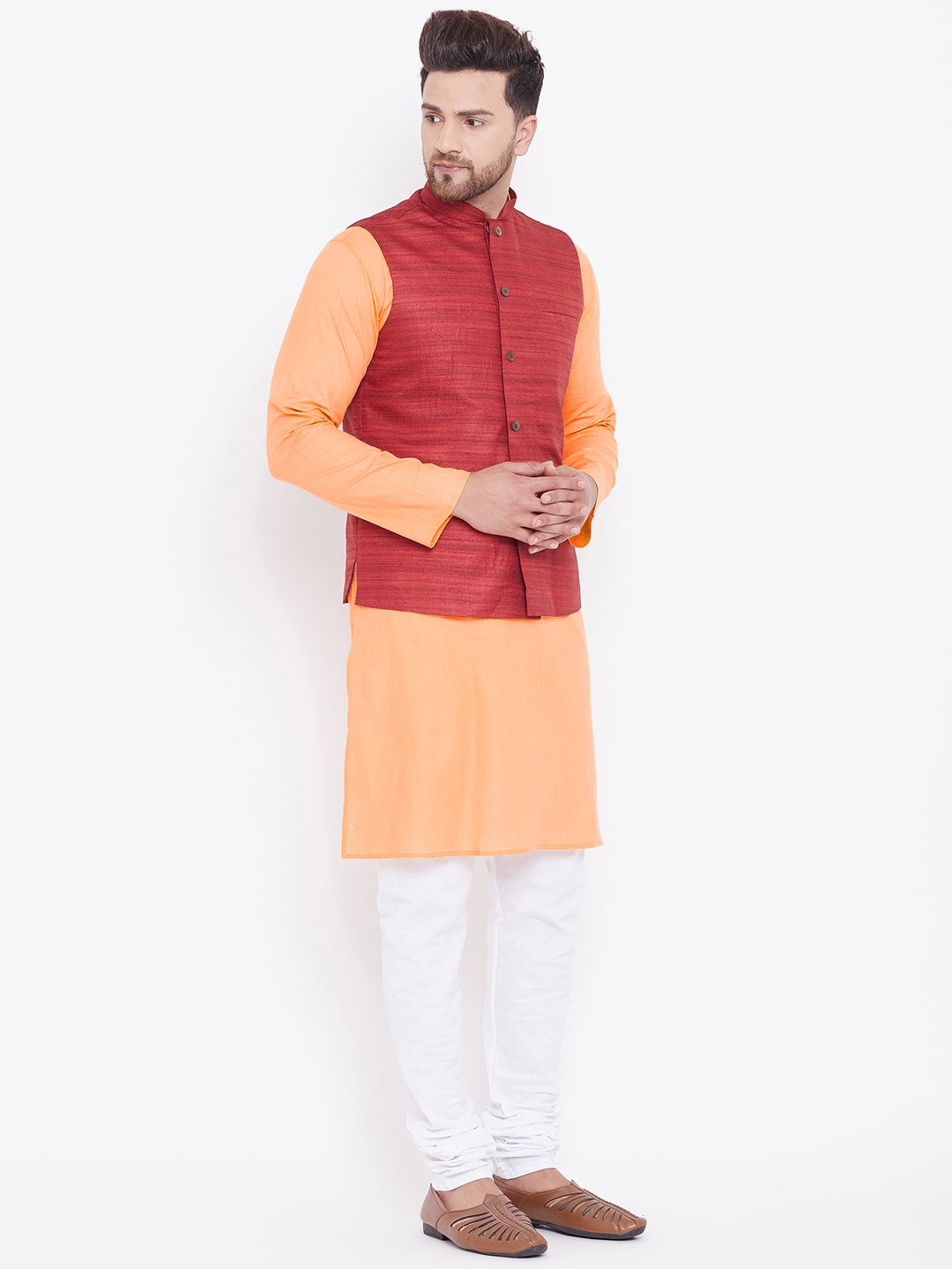 Men's Maroon, Fawn And White Cotton Blend Jacket, Kurta and Pyjama Set