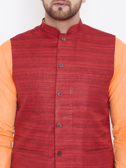 Men's Maroon, Fawn And White Cotton Blend Jacket, Kurta and Pyjama Set