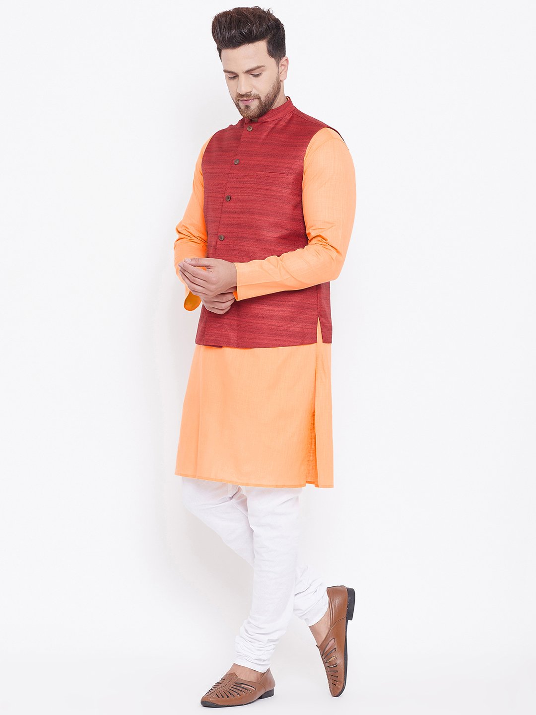 Men's Maroon, Fawn And White Cotton Blend Jacket, Kurta and Pyjama Set