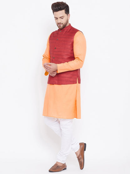 Men's Maroon, Fawn And White Cotton Blend Jacket, Kurta and Pyjama Set