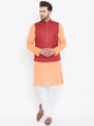 Men's Maroon, Fawn And White Cotton Blend Jacket, Kurta and Pyjama Set