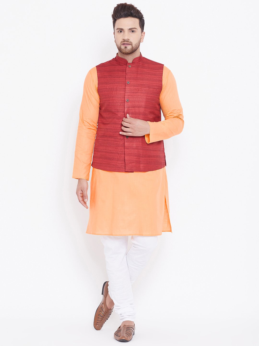 Men's Maroon, Fawn And White Cotton Blend Jacket, Kurta and Pyjama Set