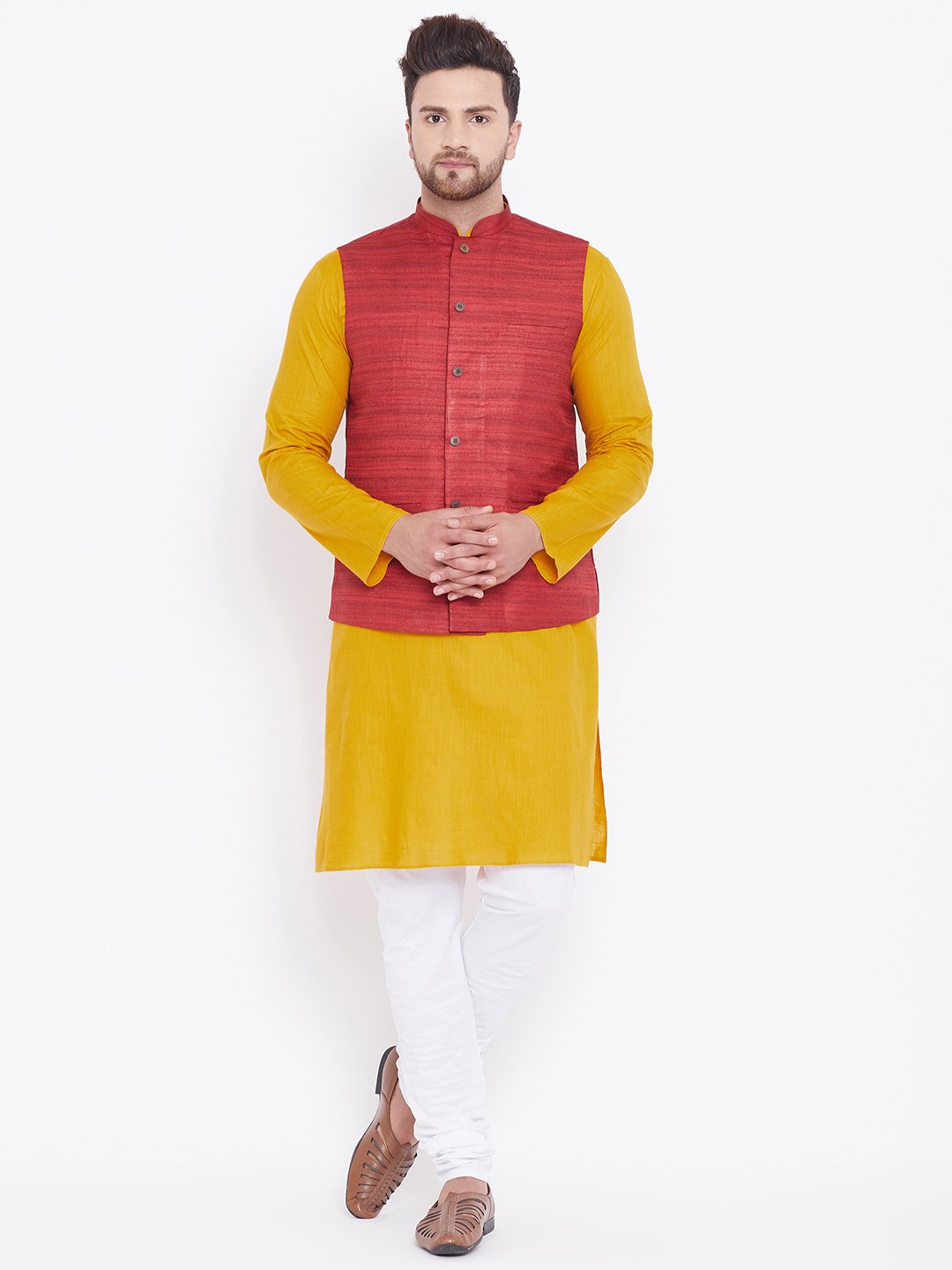 Men's Maroon, Mustard And White Cotton Blend Jacket, Kurta and Pyjama Set