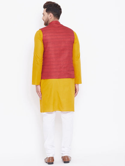 Men's Maroon, Mustard And White Cotton Blend Jacket, Kurta and Pyjama Set