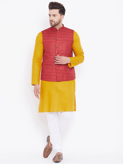 Men's Maroon, Mustard And White Cotton Blend Jacket, Kurta and Pyjama Set