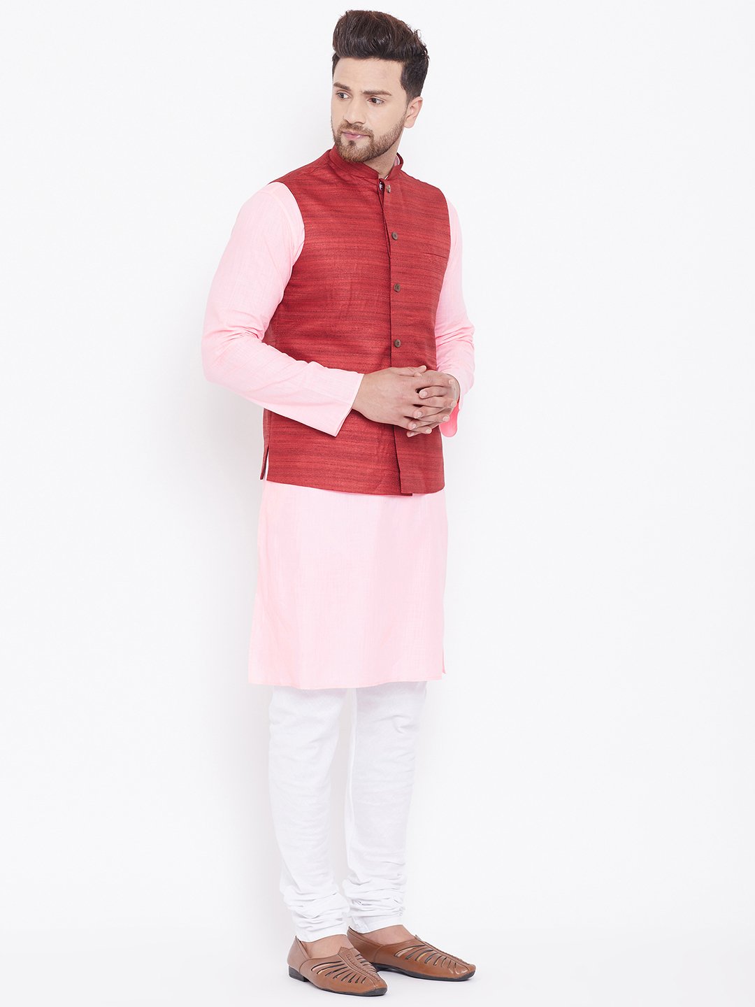 Men's Maroon, Pink And White Cotton Blend Jacket, Kurta and Pyjama Set