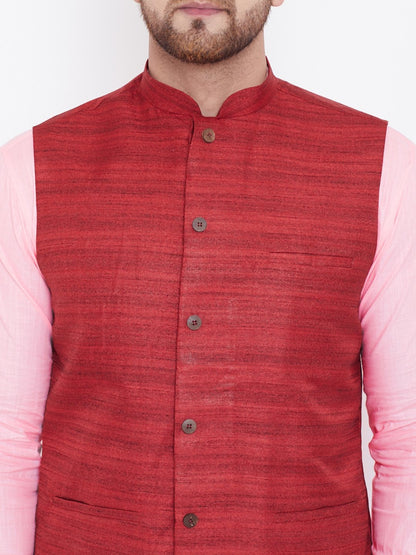 Men's Maroon, Pink And White Cotton Blend Jacket, Kurta and Pyjama Set