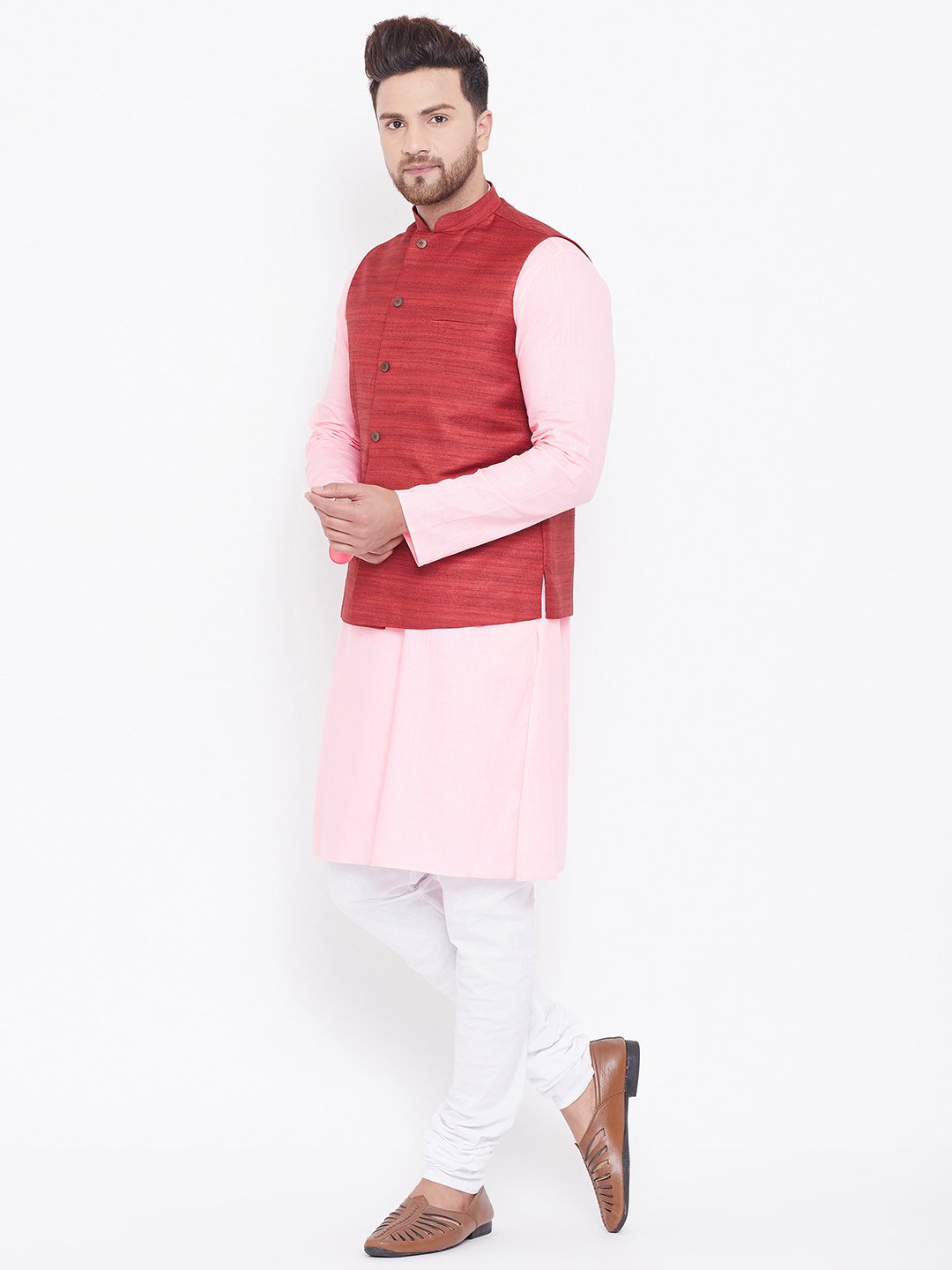 Men's Maroon, Pink And White Cotton Blend Jacket, Kurta and Pyjama Set