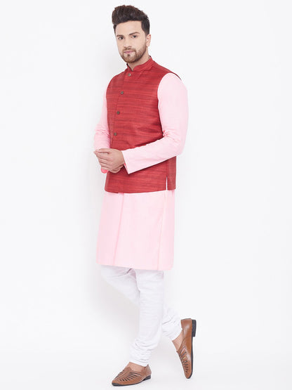 Men's Maroon, Pink And White Cotton Blend Jacket, Kurta and Pyjama Set