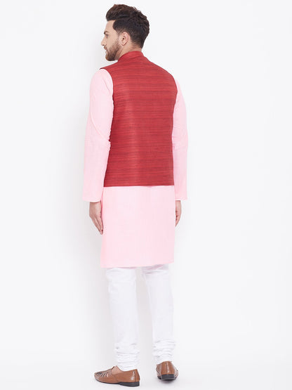 Men's Maroon, Pink And White Cotton Blend Jacket, Kurta and Pyjama Set