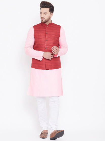 Men's Maroon, Pink And White Cotton Blend Jacket, Kurta and Pyjama Set