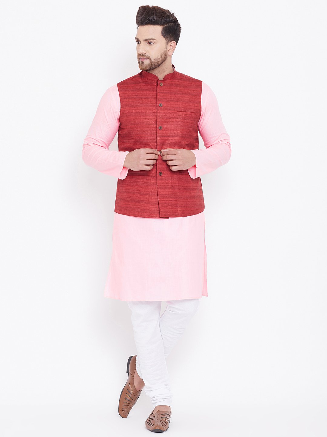 Men's Maroon, Pink And White Cotton Blend Jacket, Kurta and Pyjama Set