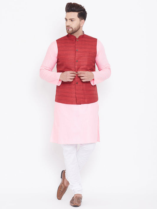 Men's Maroon, Pink And White Cotton Blend Jacket, Kurta and Pyjama Set