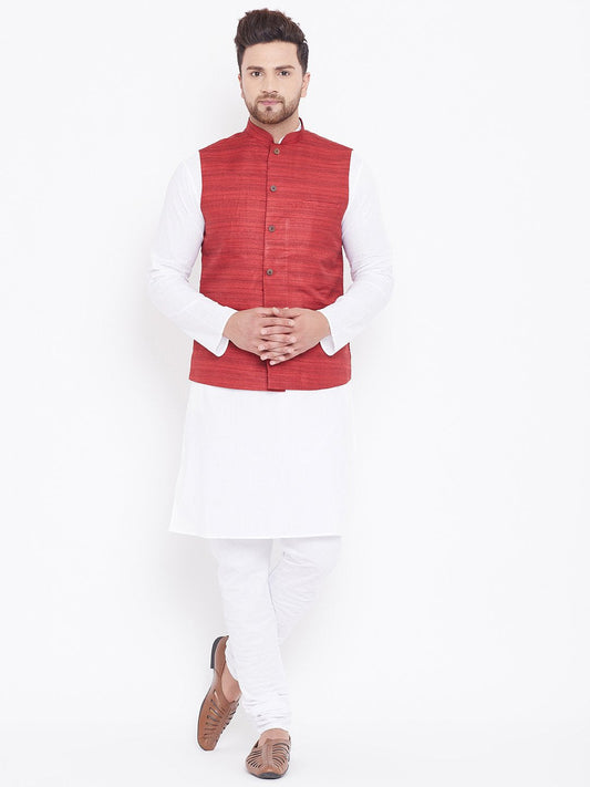 Men's Maroon And White Cotton Blend Jacket, Kurta and Pyjama Set