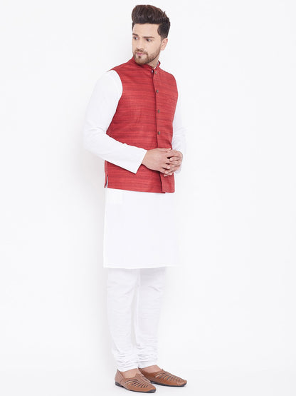 Men's Maroon And White Cotton Blend Jacket, Kurta and Pyjama Set