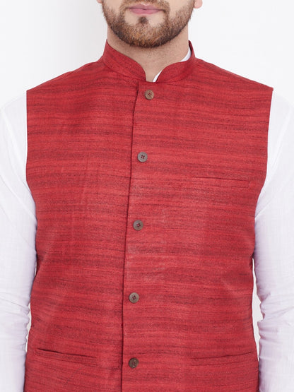 Men's Maroon And White Cotton Blend Jacket, Kurta and Pyjama Set