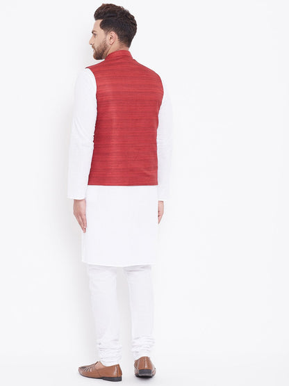 Men's Maroon And White Cotton Blend Jacket, Kurta and Pyjama Set