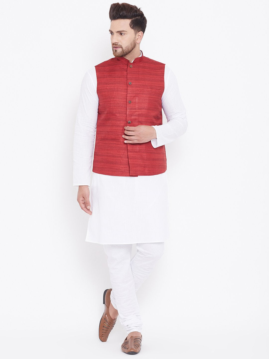 Men's Maroon And White Cotton Blend Jacket, Kurta and Pyjama Set