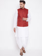 Men's Maroon And White Cotton Blend Jacket, Kurta and Dhoti Set