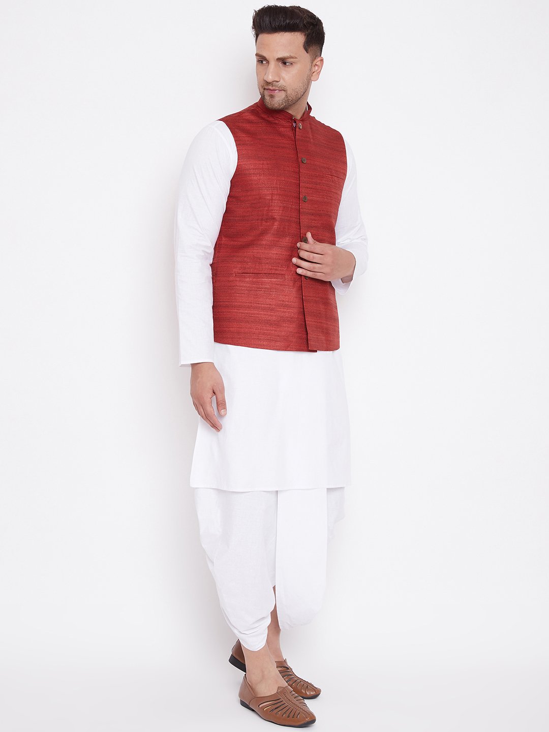 Men's Maroon And White Cotton Blend Jacket, Kurta and Dhoti Set