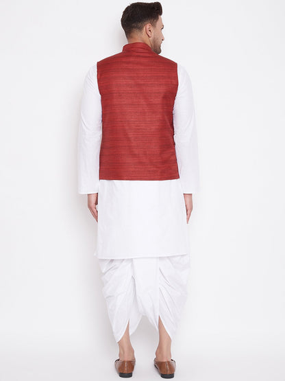 Men's Maroon And White Cotton Blend Jacket, Kurta and Dhoti Set