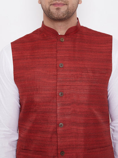 Men's Maroon And White Cotton Blend Jacket, Kurta and Dhoti Set