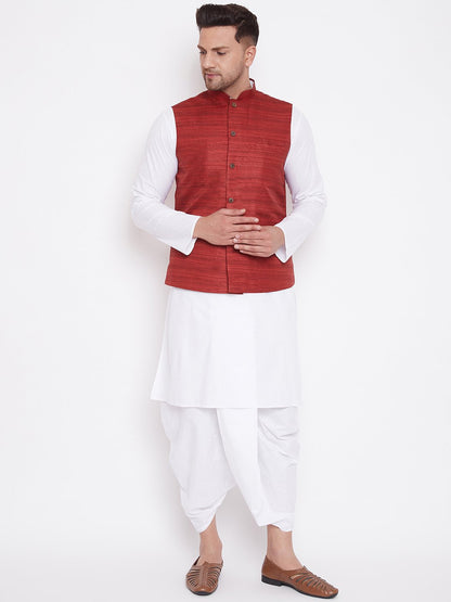 Men's Maroon And White Cotton Blend Jacket, Kurta and Dhoti Set