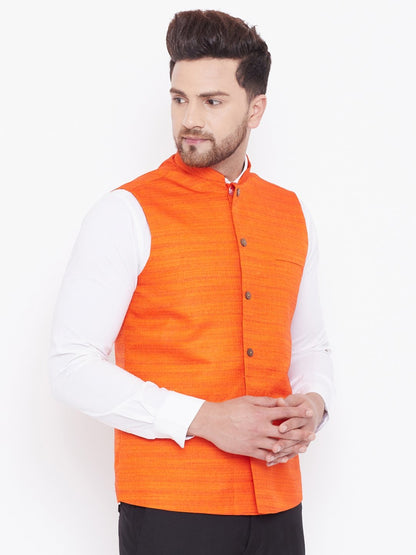 Men's Orange Silk Blend Nehru Jacket