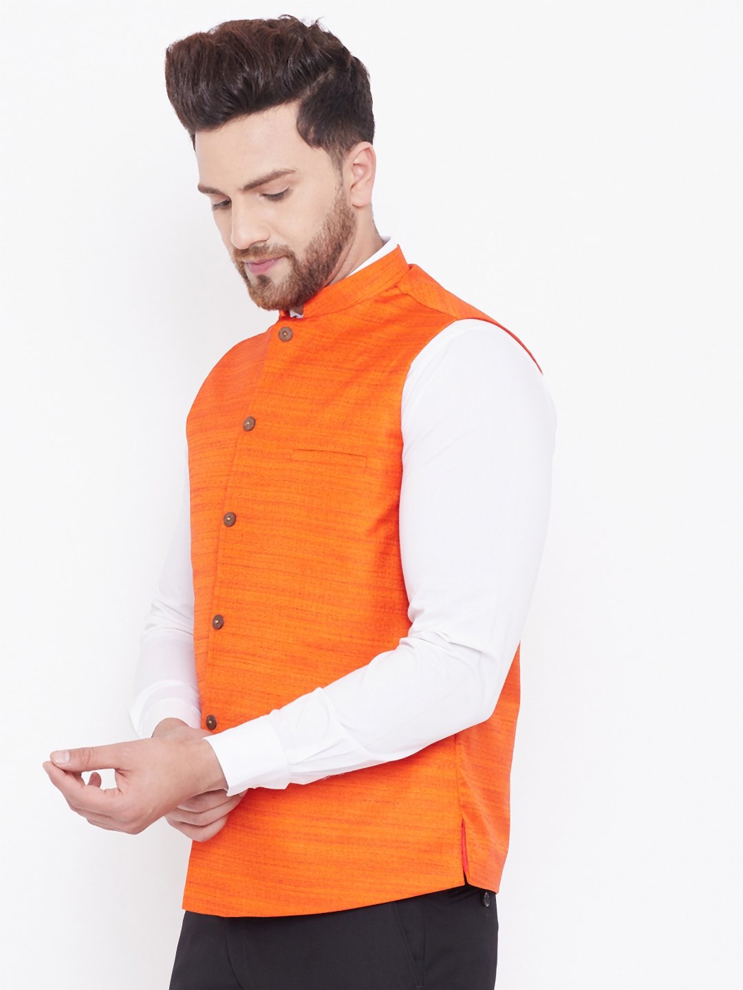 Men's Orange Silk Blend Nehru Jacket