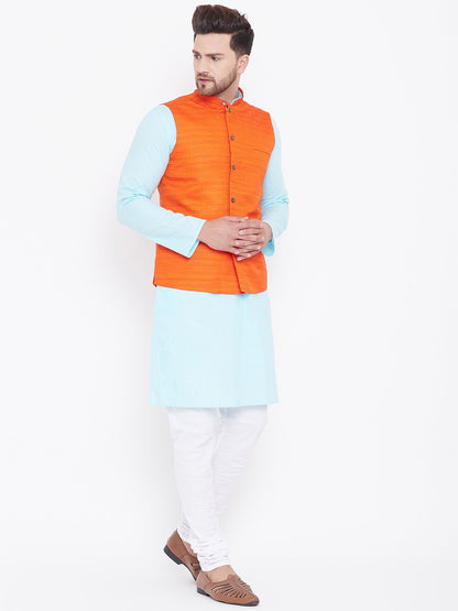 Men's Orange, Aqua And White Cotton Blend Jacket, Kurta and Pyjama Set