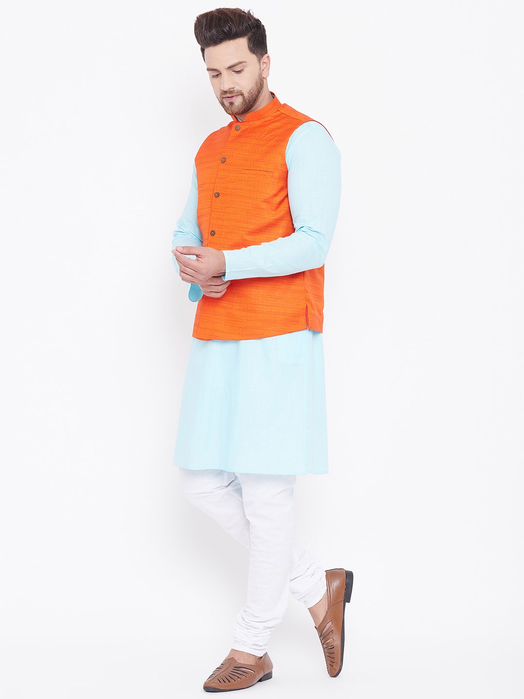 Men's Orange, Aqua And White Cotton Blend Jacket, Kurta and Pyjama Set