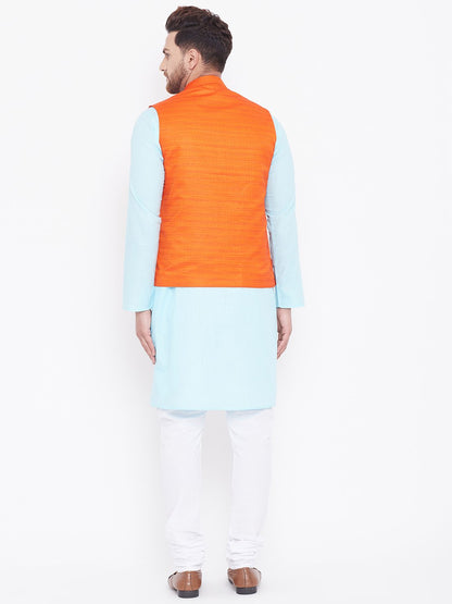 Men's Orange, Aqua And White Cotton Blend Jacket, Kurta and Pyjama Set