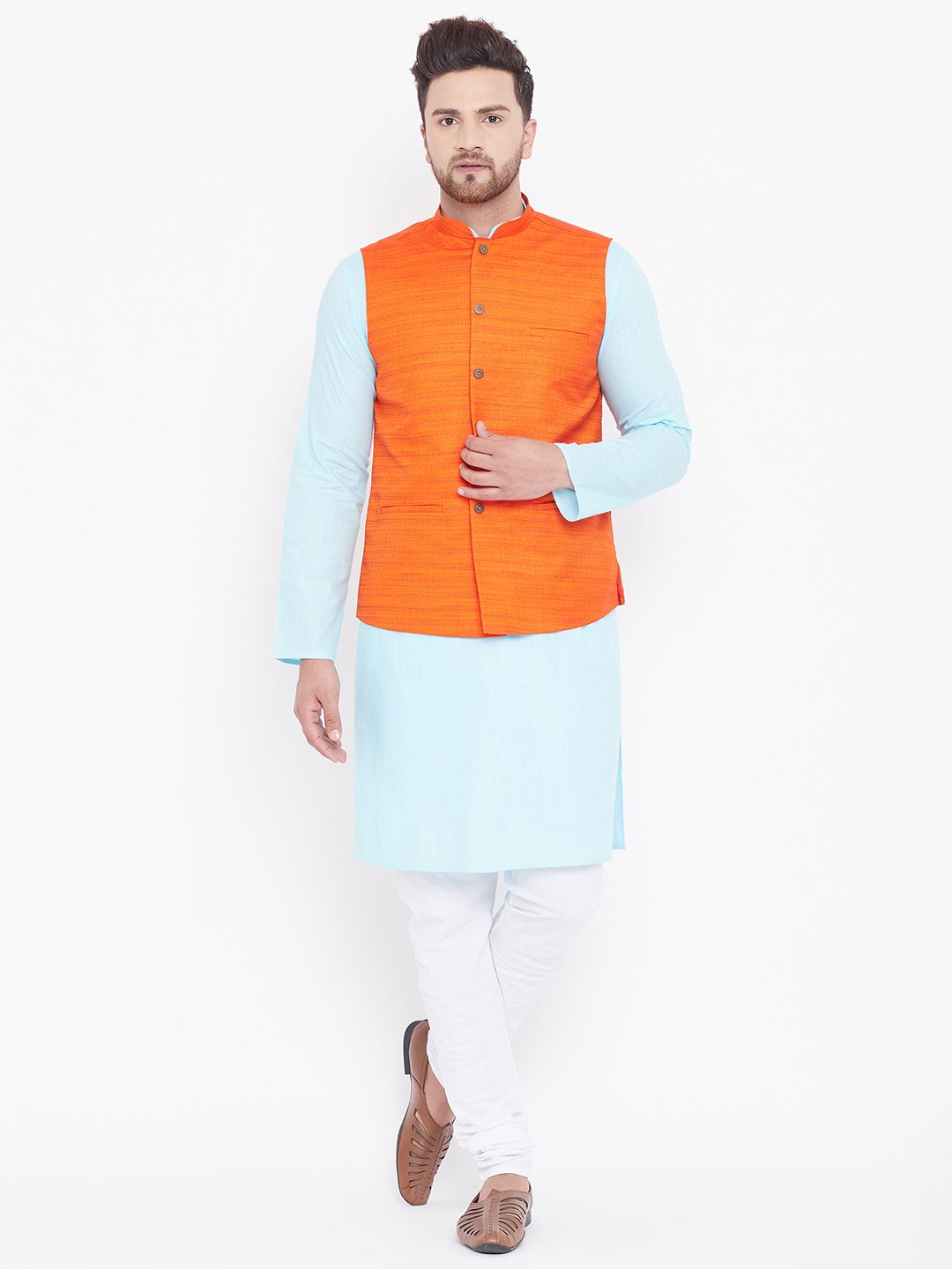 Men's Orange, Aqua And White Cotton Blend Jacket, Kurta and Pyjama Set