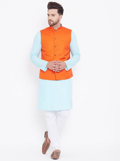 Men's Orange, Aqua And White Cotton Blend Jacket, Kurta and Pyjama Set