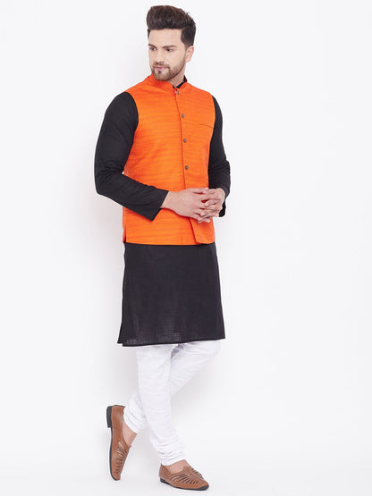 Men's Orange, Black And White Cotton Blend Jacket, Kurta and Pyjama Set