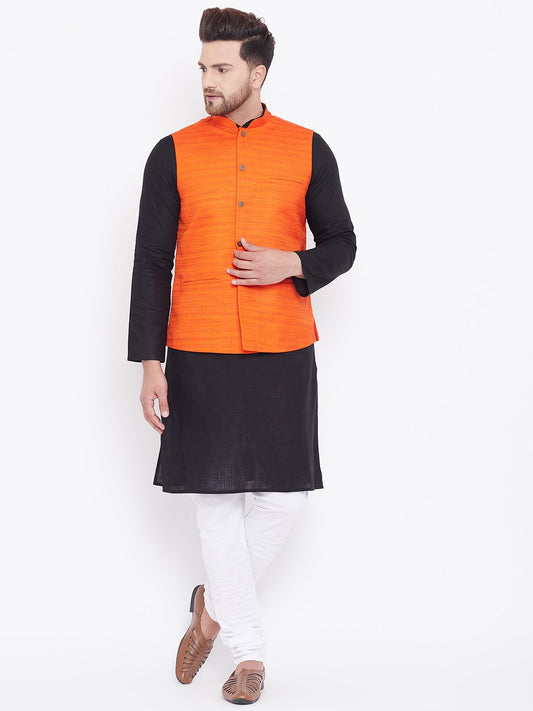 Men's Orange, Black And White Cotton Blend Jacket, Kurta and Pyjama Set