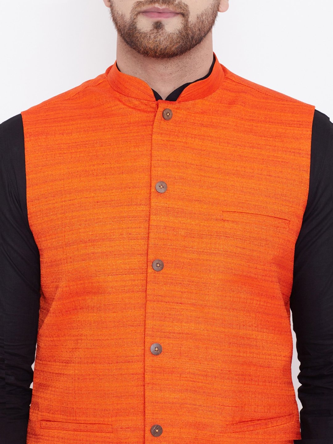 Men's Orange, Black And White Cotton Blend Jacket, Kurta and Pyjama Set